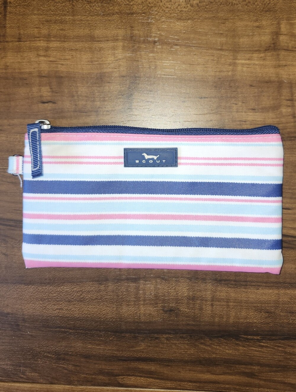 Scout 8"x4" Zipper Striped Clutch Pouch, Keyring, Pink White Blue